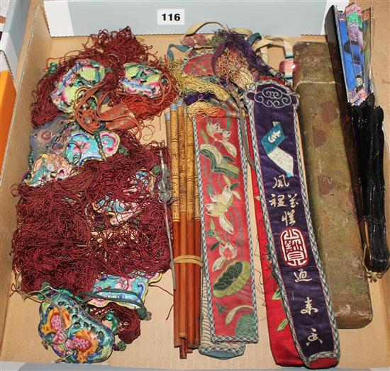 Chinese embroidered fan cases, enamel pendants, fans, etc